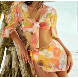 Wet Swimwear Retro Floral Leslie Crop Top & Sarong Cover-Up Set Orange XS/S NWT